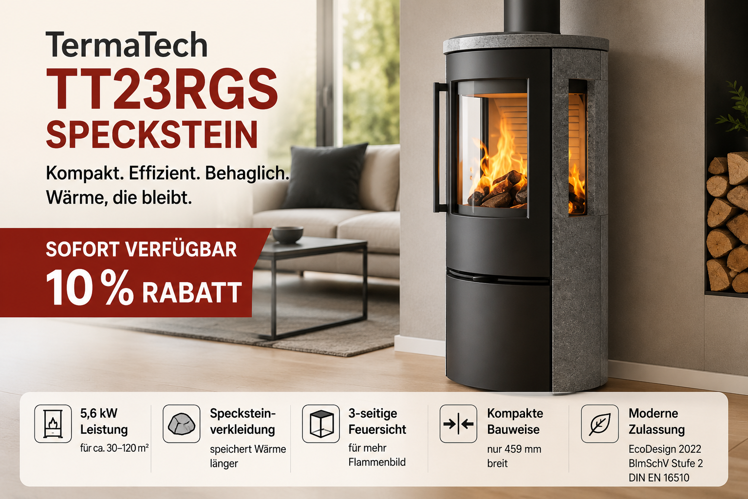 Kaminofen TermaTech TT23RGS Speckstein – sofort verfügbar mit 10 % Rabatt
